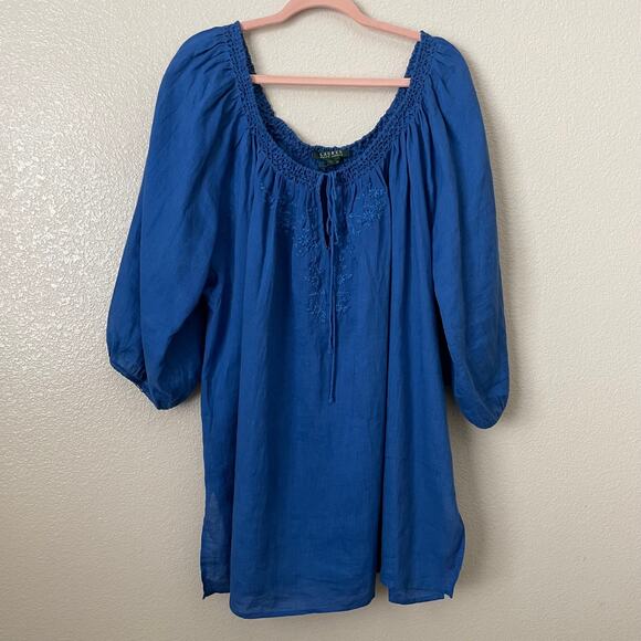 Lauren Ralph Lauren Top Womens 3X BlueLinen Floral Embroidered Tunic Boho - Picture 3 of 11